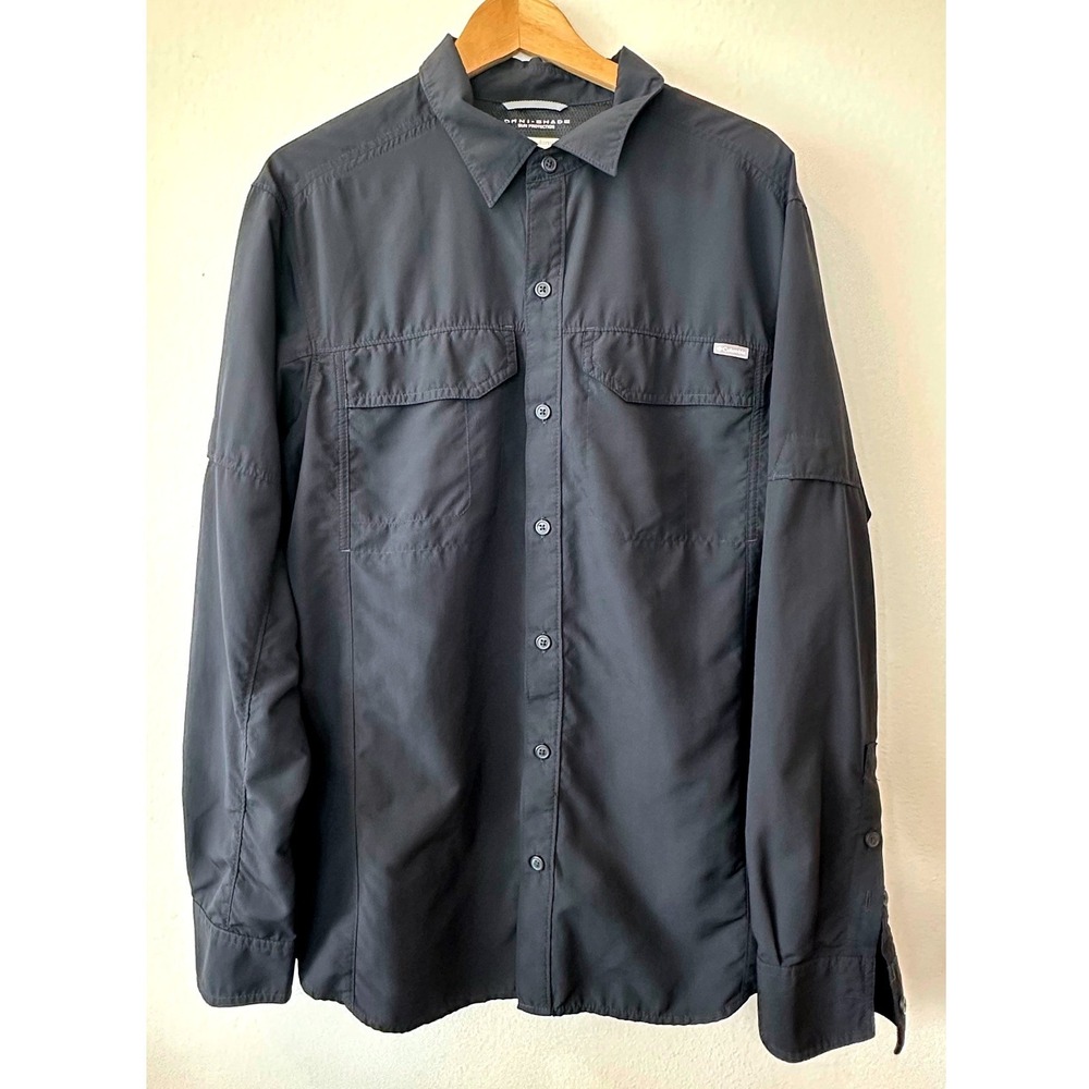 Columbia Men Shirt XL, Navy Blue, Fishing, Vented, Pockets, Roll Tab Sleeves